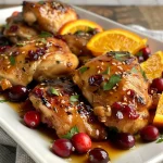 ['Juicy cranberry orange chicken breast garnished with fresh orange slices and cranberries.', 'Close-up view of chicken glazed with cranberry sauce and orange juice, showcasing vibrant colors.', 'A delicious plate of cranberry orange chicken with a glossy sauce and garnished with fruit.', 'Side view of tender chicken breasts covered in a rich cranberry-orange glaze.']
