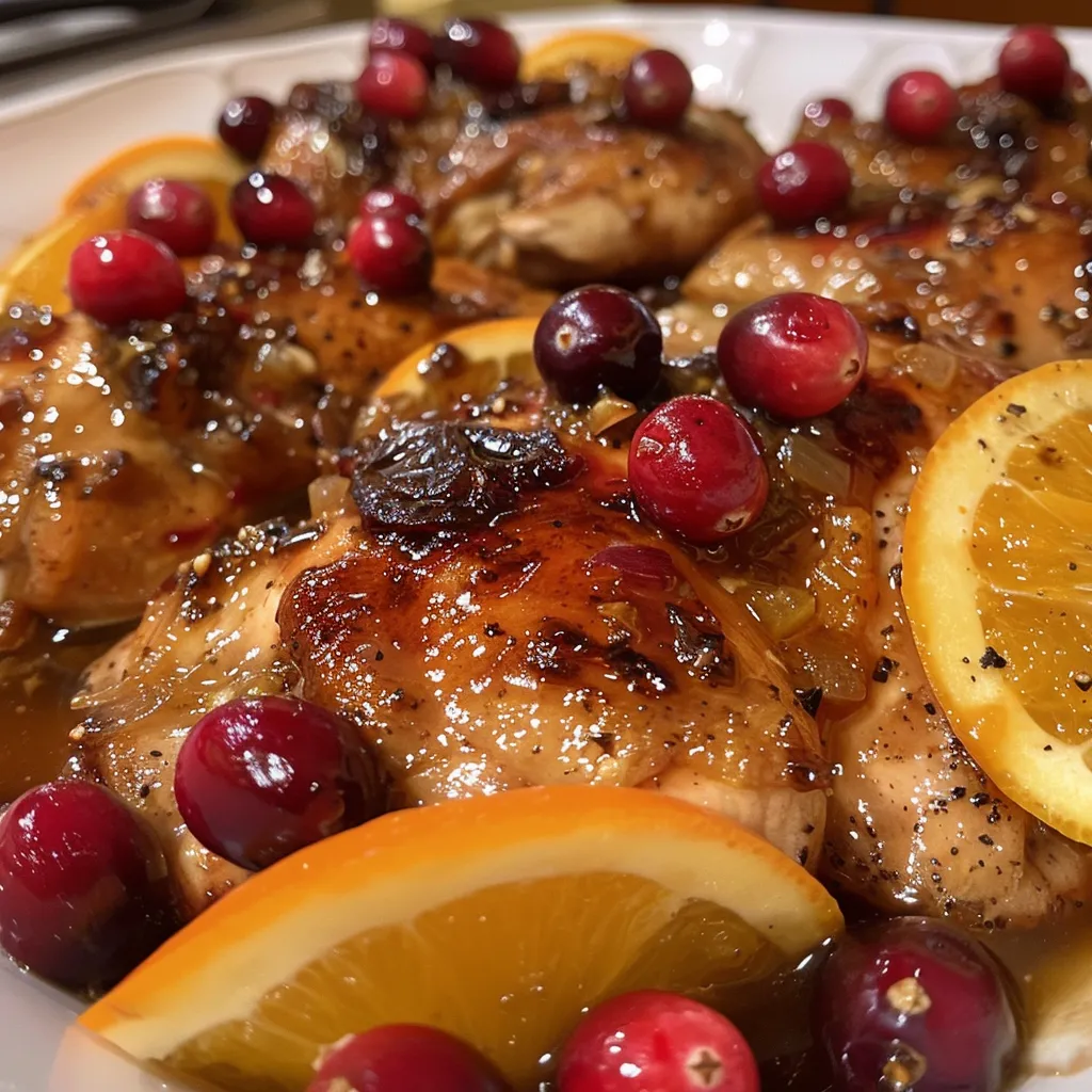 ['Juicy cranberry orange chicken breast garnished with fresh orange slices and cranberries.', 'Close-up view of chicken glazed with cranberry sauce and orange juice, showcasing vibrant colors.', 'A delicious plate of cranberry orange chicken with a glossy sauce and garnished with fruit.', 'Side view of tender chicken breasts covered in a rich cranberry-orange glaze.']