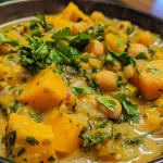 ['Close-up view of a bowl of Butternut Squash Stew with chunks of squash and chickpeas.', 'Vibrant and creamy butternut squash stew garnished with fresh cilantro and lime wedges.', 'Hearty vegan stew featuring butternut squash, coconut milk, and kale in a rustic bowl.', 'Colorful dish of butternut squash stew with coconut milk, chickpeas, and spices displayed in a wooden setting.']