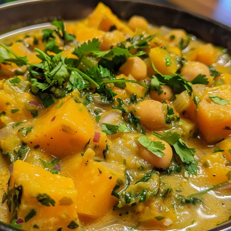 ['Close-up view of a bowl of Butternut Squash Stew with chunks of squash and chickpeas.', 'Vibrant and creamy butternut squash stew garnished with fresh cilantro and lime wedges.', 'Hearty vegan stew featuring butternut squash, coconut milk, and kale in a rustic bowl.', 'Colorful dish of butternut squash stew with coconut milk, chickpeas, and spices displayed in a wooden setting.']