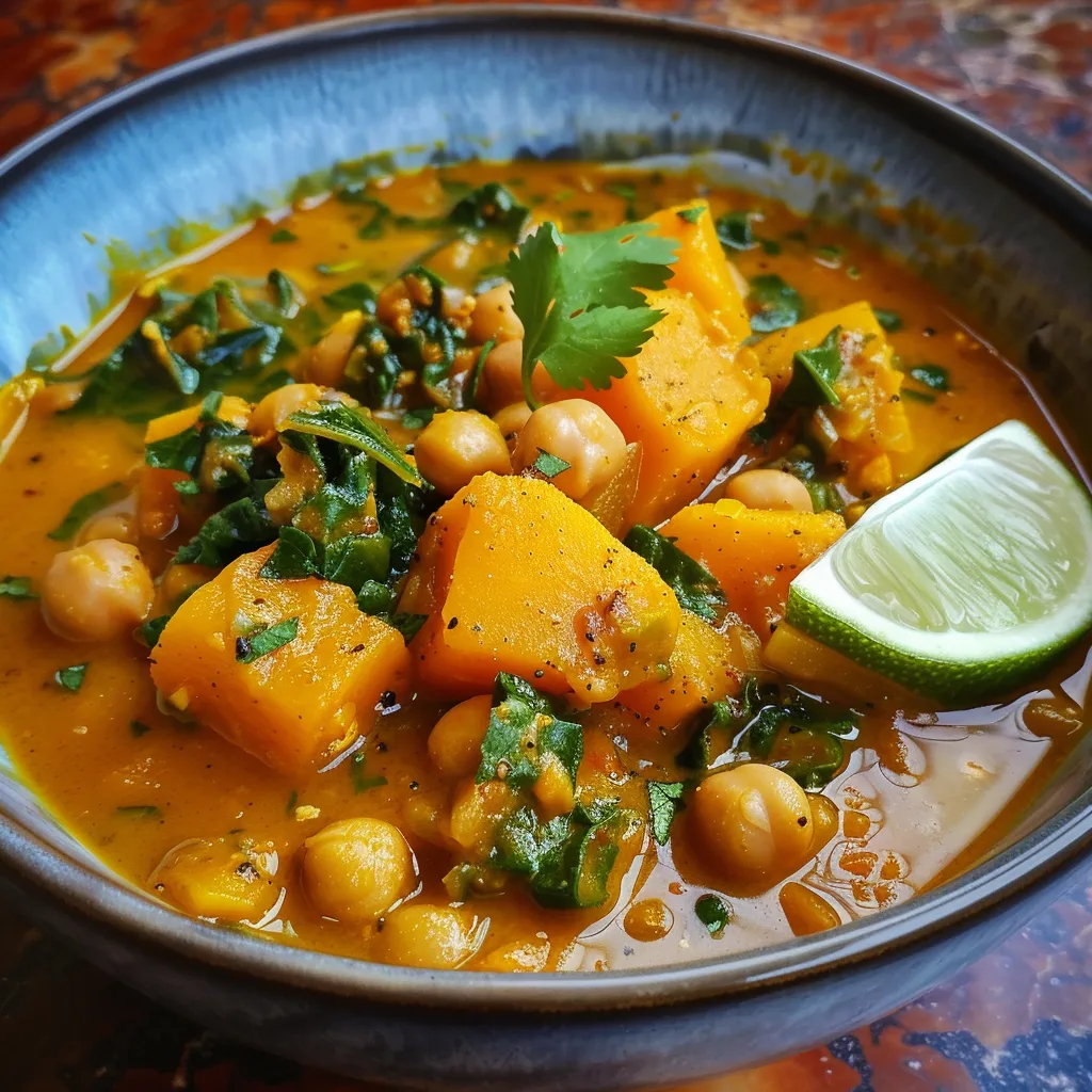 ['Close-up view of a bowl of Butternut Squash Stew with chunks of squash and chickpeas.', 'Vibrant and creamy butternut squash stew garnished with fresh cilantro and lime wedges.', 'Hearty vegan stew featuring butternut squash, coconut milk, and kale in a rustic bowl.', 'Colorful dish of butternut squash stew with coconut milk, chickpeas, and spices displayed in a wooden setting.']