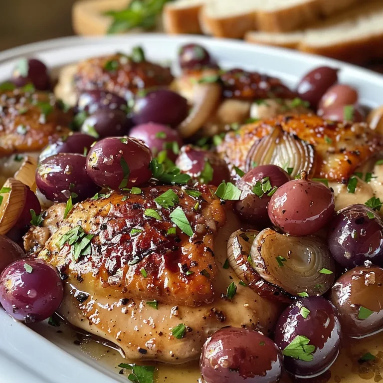 ['Close-up side view of juicy Rustic Vineyard Chicken with red grapes.', 'Juicy chicken fillets garnished with grapes and herbs in a rustic setting.', 'Plate of Rustic Vineyard Chicken featuring chicken fillets and grapes arranged artfully.', 'Succulent Rustic Vineyard Chicken dish with a side of fresh herbs and grapes.']