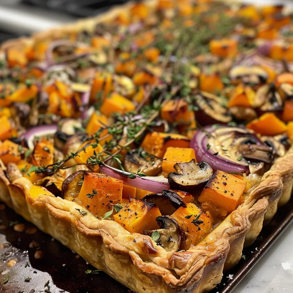 ['A close-up side view of a baked Roasted Vegetable Tart showcasing a golden crust filled with colorful vegetables.', 'A savory Roasted Vegetable Tart with flaky crust, featuring butternut squash, mushrooms, and red onions.', 'Delicious Roasted Vegetable Tart displayed at an angle, highlighting vibrant roasted vegetables and a rich creamy filling.', 'A freshly baked Roasted Vegetable Tart with a crispy exterior and a medley of roasted vegetables peeking through.']