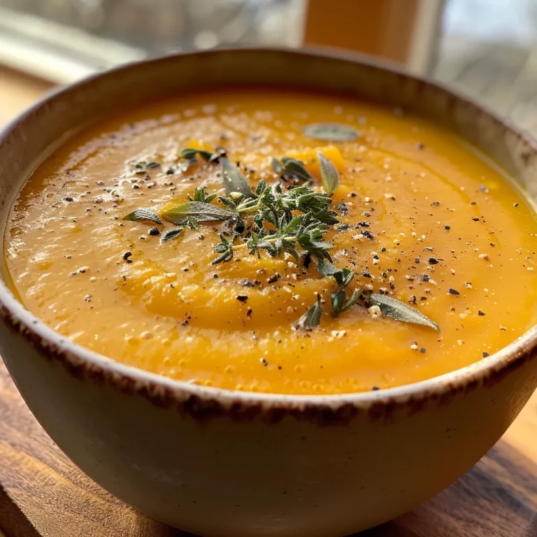 ['Creamy butternut squash soup in a rustic bowl with a sprinkle of herbs.', 'Velvety butternut squash soup with vibrant orange color and a hint of green herbs.', 'Close-up of a bowl of butternut squash soup garnished with herbs and spices.', 'Side view of a hearty butternut squash soup served in a ceramic bowl.']