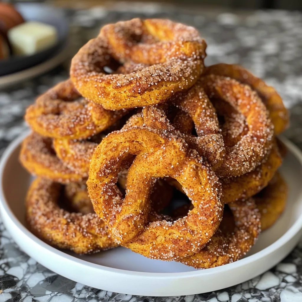 ['Close-up of gluten-free cinnamon sugar pumpkin soft pretzels, showing their golden-brown texture.', 'Side view of warm pumpkin soft pretzels coated in cinnamon sugar, with a slightly shiny surface.', 'Juicy gluten-free pumpkin pretzels dusted with cinnamon sugar, highlighting their soft and fluffy appearance.', 'A mouthwatering display of gluten-free cinnamon sugar pumpkin pretzels, emphasizing their inviting color and shape.']