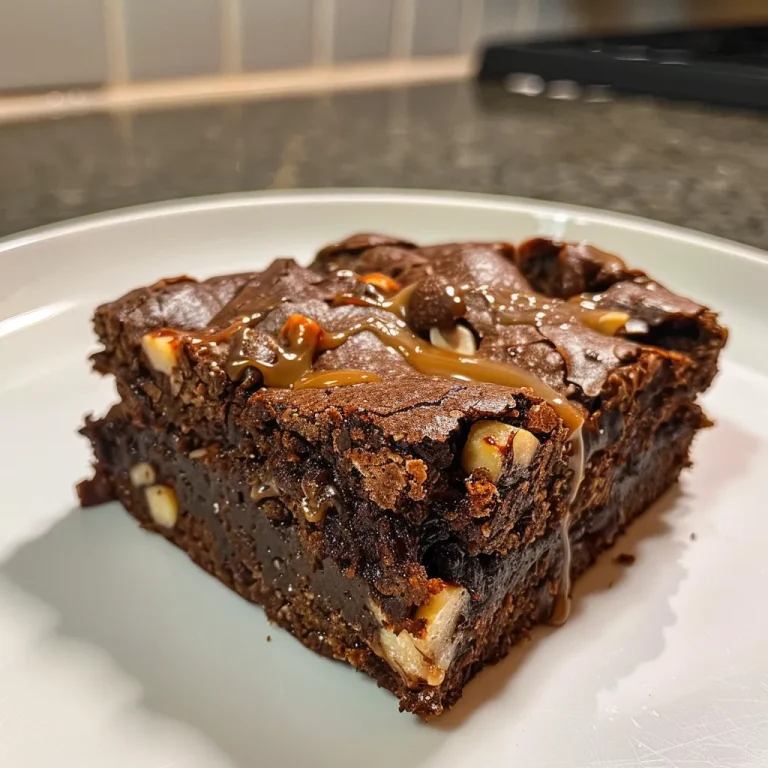 ['Close-up of a gooey salted caramel protein brownie with chocolate chips.', 'Side view of a rich brownie topped with caramel sauce and a sprinkle of sea salt.', 'Delicious protein-packed salted caramel brownie, showcasing its moist texture.', 'Juicy air fryer brownie with a glossy caramel layer and chocolate chips visible.']