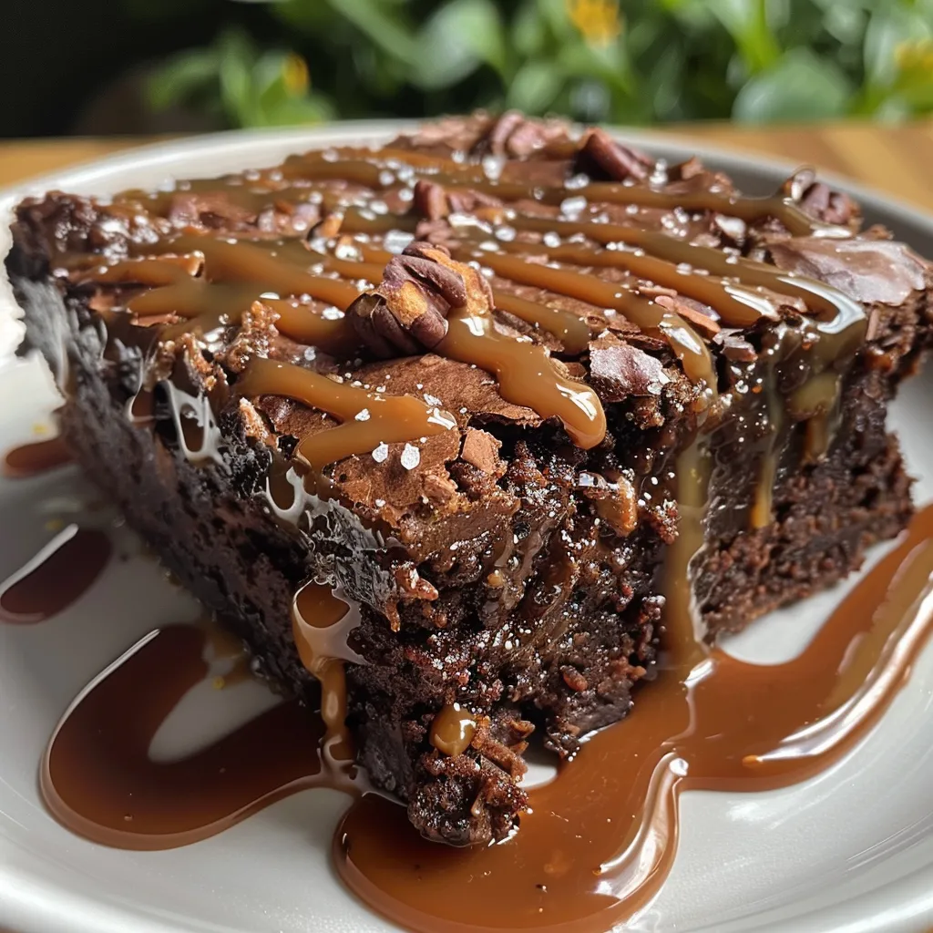 ['Close-up of a gooey salted caramel protein brownie with chocolate chips.', 'Side view of a rich brownie topped with caramel sauce and a sprinkle of sea salt.', 'Delicious protein-packed salted caramel brownie, showcasing its moist texture.', 'Juicy air fryer brownie with a glossy caramel layer and chocolate chips visible.']