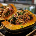['Close-up of roasted acorn squash halves filled with quinoa and kale.', 'Side view of stuffed acorn squash showcasing colorful filling and crispy edges.', 'Detailed view of a roasted acorn squash filled with quinoa, kale, and vegetables.', 'Juicy roasted acorn squash with a vibrant quinoa and kale stuffing.']