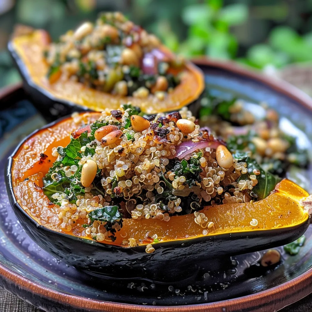 ['Close-up of roasted acorn squash halves filled with quinoa and kale.', 'Side view of stuffed acorn squash showcasing colorful filling and crispy edges.', 'Detailed view of a roasted acorn squash filled with quinoa, kale, and vegetables.', 'Juicy roasted acorn squash with a vibrant quinoa and kale stuffing.']