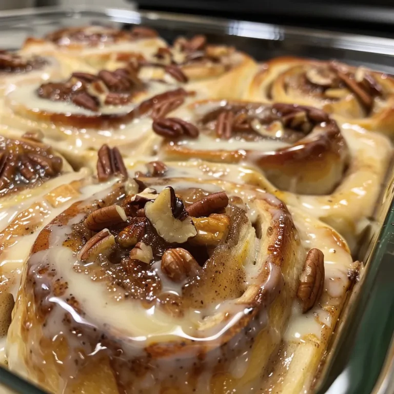 ['Close-up side view of golden-brown Maple Pecan Cinnamon Rolls drizzled with icing.', 'A tempting side view of freshly baked Maple Pecan Cinnamon Rolls with pecan pieces visible.', 'Juicy Maple Pecan Cinnamon Rolls topped with a creamy glaze and a sprinkle of chopped pecans.', 'A beautifully arranged Maple Pecan Cinnamon Rolls showcasing their gooey filling and golden crust.']