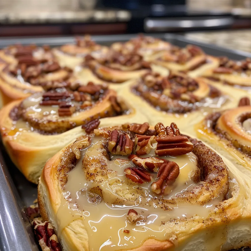 ['Close-up side view of golden-brown Maple Pecan Cinnamon Rolls drizzled with icing.', 'A tempting side view of freshly baked Maple Pecan Cinnamon Rolls with pecan pieces visible.', 'Juicy Maple Pecan Cinnamon Rolls topped with a creamy glaze and a sprinkle of chopped pecans.', 'A beautifully arranged Maple Pecan Cinnamon Rolls showcasing their gooey filling and golden crust.']