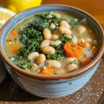 ['Close-up view of a bowl of Lemon White Bean Soup garnished with fresh herbs.', 'Side view of a hearty Lemon White Bean Soup with colorful vegetables and a lemon wedge.', 'A vibrant bowl of Lemon White Bean Soup featuring cannellini beans, kale, and lemon zest.', 'Delicious Lemon White Bean Soup shown in a bowl, showcasing its creamy texture and chunky ingredients.']