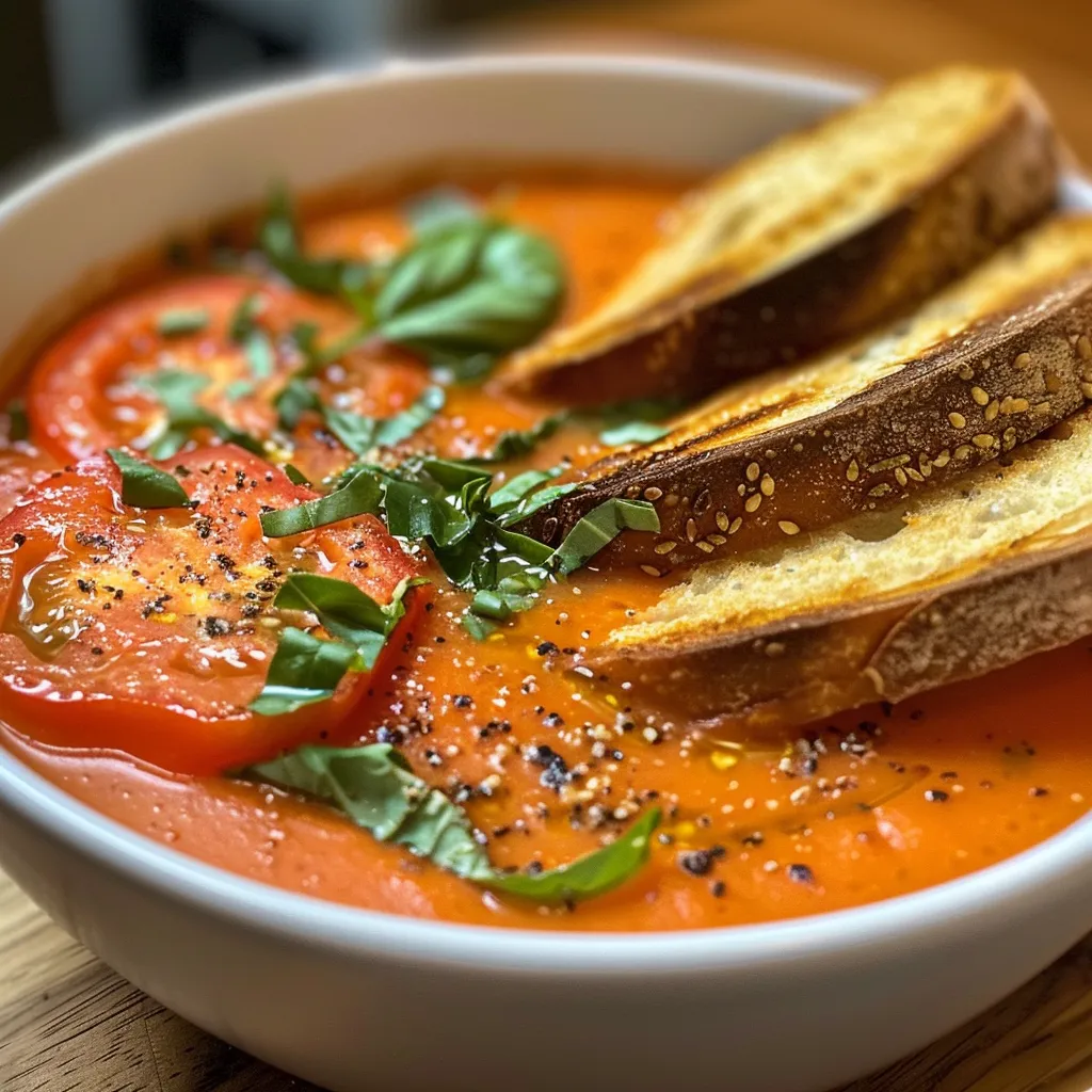 ['A close-up view of a bowl filled with rich, red Roasted Tomato Basil Soup garnished with fresh basil leaves.', 'A side perspective of a creamy Roasted Tomato Basil Soup in a bowl, showcasing vibrant tomatoes and herbs.', 'A detailed image of Roasted Tomato Basil Soup featuring tomatoes and basil, captured in natural light.', 'An appetizing bowl of Roasted Tomato Basil Soup with visible chunks of tomatoes and fresh basil on top.']