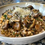 ['A close-up view of cooked farro mixed with sautéed mushrooms and grated Parmesan cheese.', 'Side view of a vibrant dish featuring farro, mushrooms, and a sprinkle of Parmesan.', 'Juicy farro with mixed mushrooms and melted Parmesan, captured in detail.', 'A colorful plate of farro, garnished with fresh herbs and Parmesan cheese.']