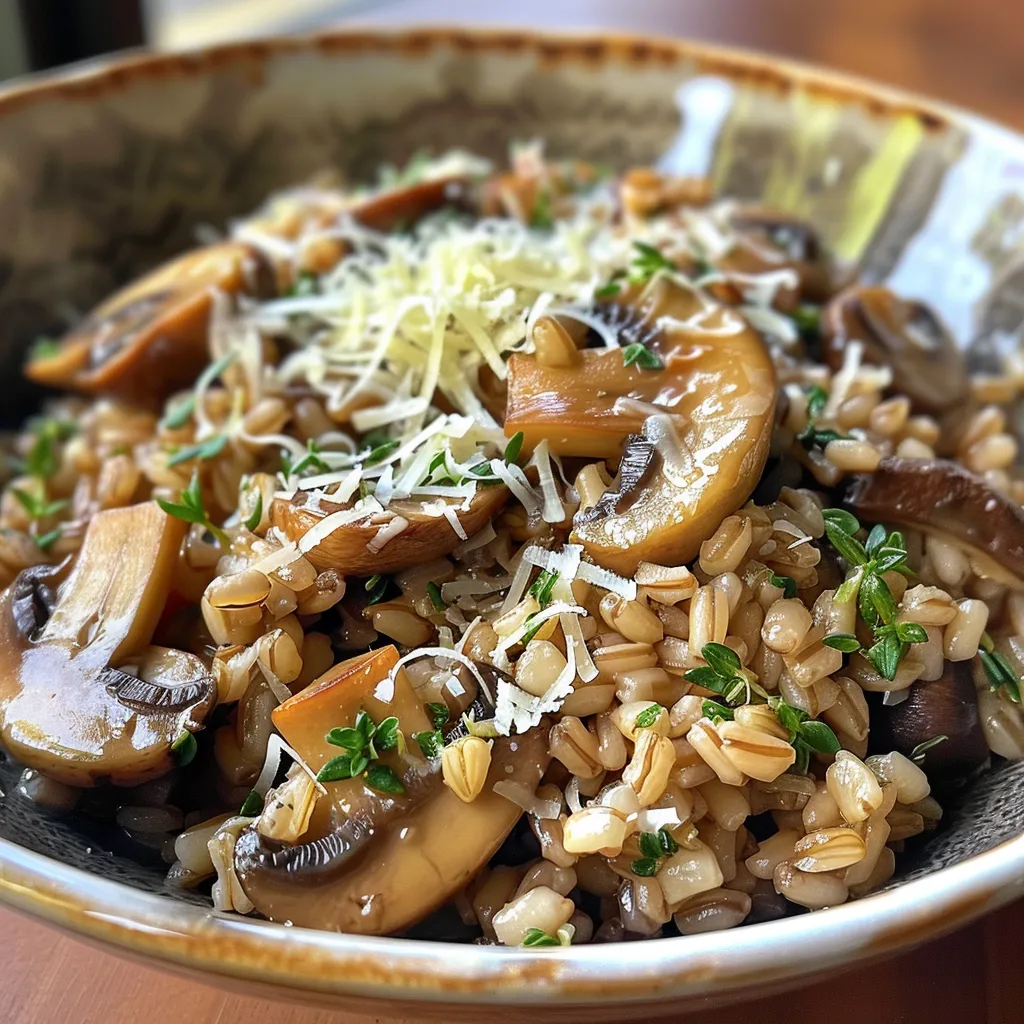 ['A close-up view of cooked farro mixed with sautéed mushrooms and grated Parmesan cheese.', 'Side view of a vibrant dish featuring farro, mushrooms, and a sprinkle of Parmesan.', 'Juicy farro with mixed mushrooms and melted Parmesan, captured in detail.', 'A colorful plate of farro, garnished with fresh herbs and Parmesan cheese.']