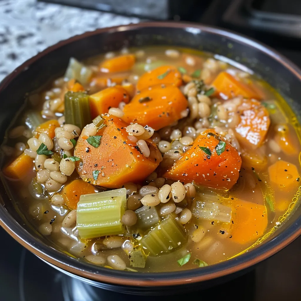 ['Close-up view of a bowl of Vegetable Barley Soup with fresh ingredients visible.', 'Side view of a hearty Vegetable Barley Soup showcasing colorful vegetables in a bowl.', 'Delicious Vegetable Barley Soup in a rustic bowl, highlighting vibrant veggies and barley.', 'A close-up of steaming Vegetable Barley Soup, with visible chunks of vegetables and barley.']