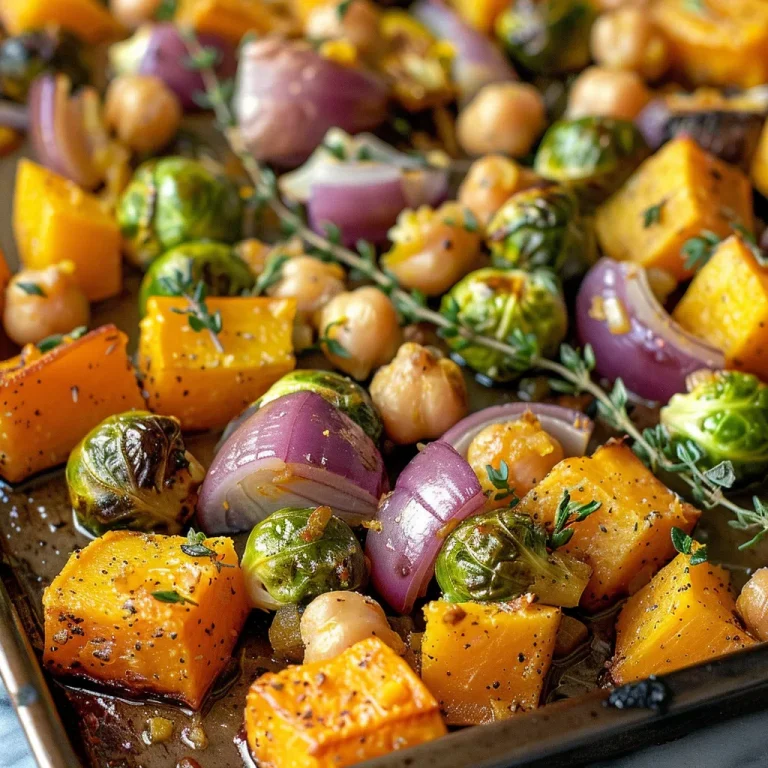 ['A vibrant assortment of roasted vegetables, including butternut squash, brussels sprouts, and red onion on a sheet pan.', 'Close-up view of colorful, caramelized harvest vegetables on a baking sheet.', 'A side view of a sheet pan filled with juicy roasted vegetables, highlighting chickpeas and fresh thyme.', 'Deliciously roasted seasonal vegetables featuring chunks of red onion and butternut squash on a glossy baking sheet.']