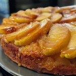 ['Close-up side view of a juicy upside-down caramel pear cake, showcasing the pear slices on top.', 'Side perspective of a caramel pear cake, highlighting the golden caramel and pear arrangement.', 'Detailed image of an upside-down caramel pear cake, focusing on the glossy caramelized top with pear slices.', 'Close-up view of a luscious upside-down cake, emphasizing the rich caramel and pear topping.']