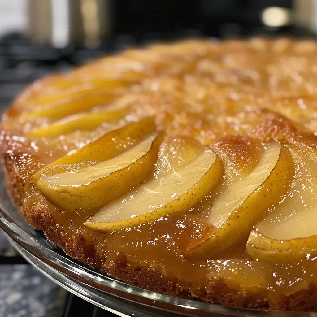 ['Close-up side view of a juicy upside-down caramel pear cake, showcasing the pear slices on top.', 'Side perspective of a caramel pear cake, highlighting the golden caramel and pear arrangement.', 'Detailed image of an upside-down caramel pear cake, focusing on the glossy caramelized top with pear slices.', 'Close-up view of a luscious upside-down cake, emphasizing the rich caramel and pear topping.']