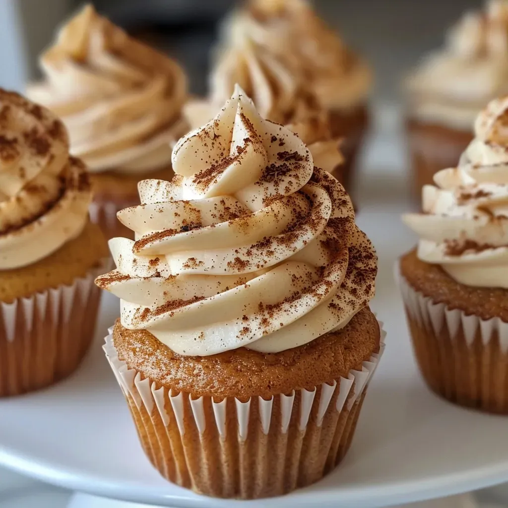 ['Close-up view of a Vanilla Chai Pumpkin Latte Cupcake with frosting.', 'Side view of delicious Vanilla Chai Pumpkin Latte Cupcakes topped with cream.', 'Juicy Vanilla Chai Pumpkin Latte Cupcakes displayed on a plate.', 'Close-up shot of a frosted Vanilla Chai Pumpkin Latte Cupcake with a cinnamon dusting.']