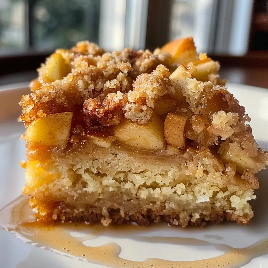 ['Close-up side view of a slice of vegan apple coffee cake with apple chunks and a crumbly topping.', 'A moist slice of vegan apple coffee cake resting on a plate, showcasing its fluffy texture and apple pieces.', 'Side view of a delectable vegan apple coffee cake slice, highlighting its golden-brown crust and sweet apple filling.', 'Juicy vegan apple coffee cake displayed on a platter, emphasizing its rich texture and crumbled topping.']