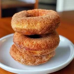 ['Close-up view of vegan baked apple cider donuts with a golden-brown exterior.', 'Side view of a freshly baked vegan apple cider donut, showing its fluffy texture.', 'Juicy vegan baked apple cider donuts arranged on a plate, highlighting their cinnamon topping.', 'Platter of warm vegan apple cider donuts, glistening from the glaze and spices.']