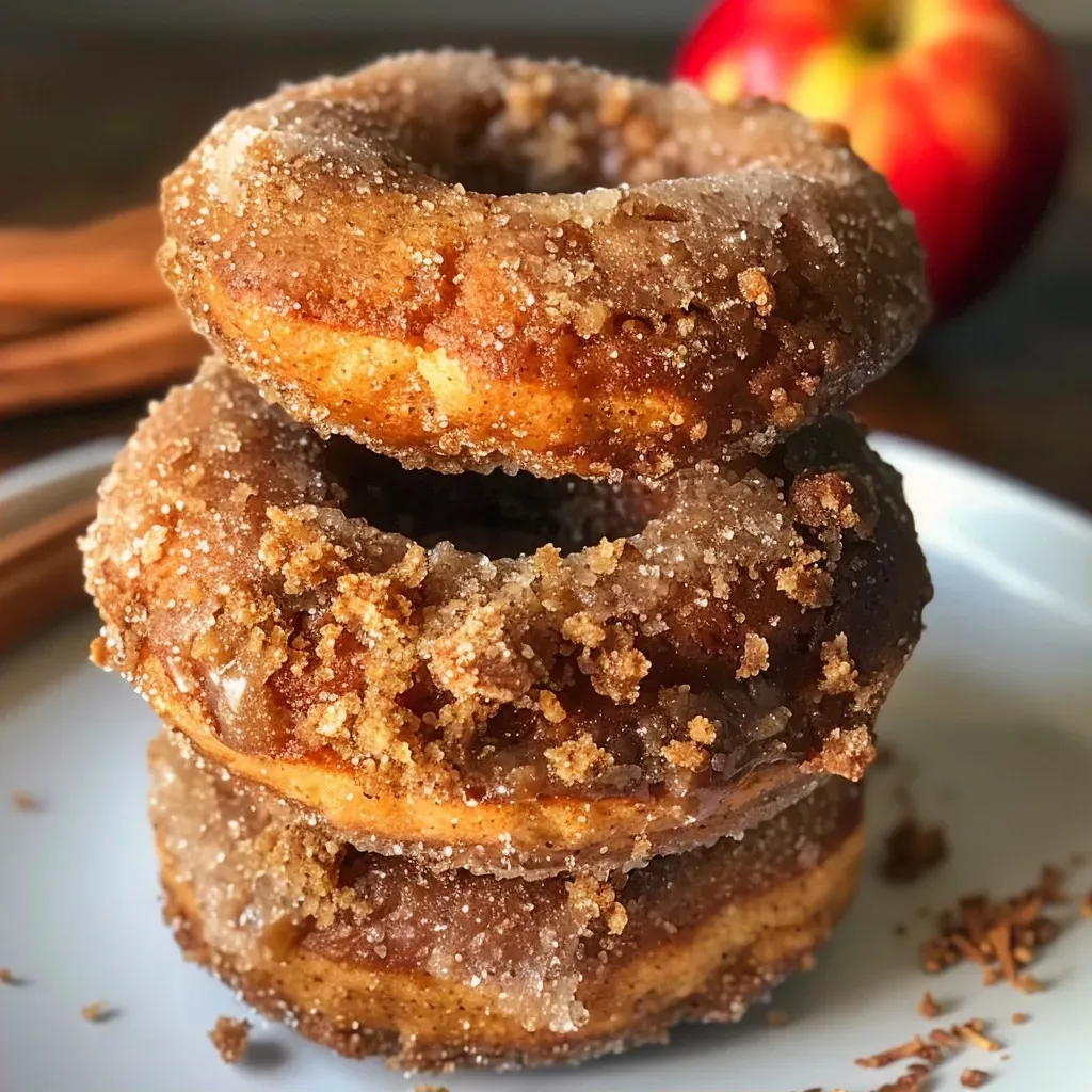 ['Close-up view of vegan baked apple cider donuts with a golden-brown exterior.', 'Side view of a freshly baked vegan apple cider donut, showing its fluffy texture.', 'Juicy vegan baked apple cider donuts arranged on a plate, highlighting their cinnamon topping.', 'Platter of warm vegan apple cider donuts, glistening from the glaze and spices.']