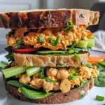 ['Side view of a Vegan Buffalo Chickpea Salad Sandwich with vibrant vegetables.', 'Close-up of a colorful Vegan Buffalo Chickpea Salad Sandwich on a wooden cutting board.', 'Juicy Vegan Buffalo Chickpea Salad Sandwich filled with greens and chickpeas.', 'Detailed view of a Vegan Buffalo Chickpea Salad Sandwich showcasing fresh toppings.']