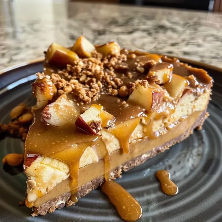 ['A slice of vegan caramel apple cheesecake garnished with caramel drizzle.', 'A side view of a delectable vegan caramel apple cheesecake on a plate, featuring apple chunks.', 'Close-up of a creamy vegan cheesecake with a glossy caramel topping and apple pieces.', 'Appetizing vegan caramel apple cheesecake, showcasing its layers and rich texture.']