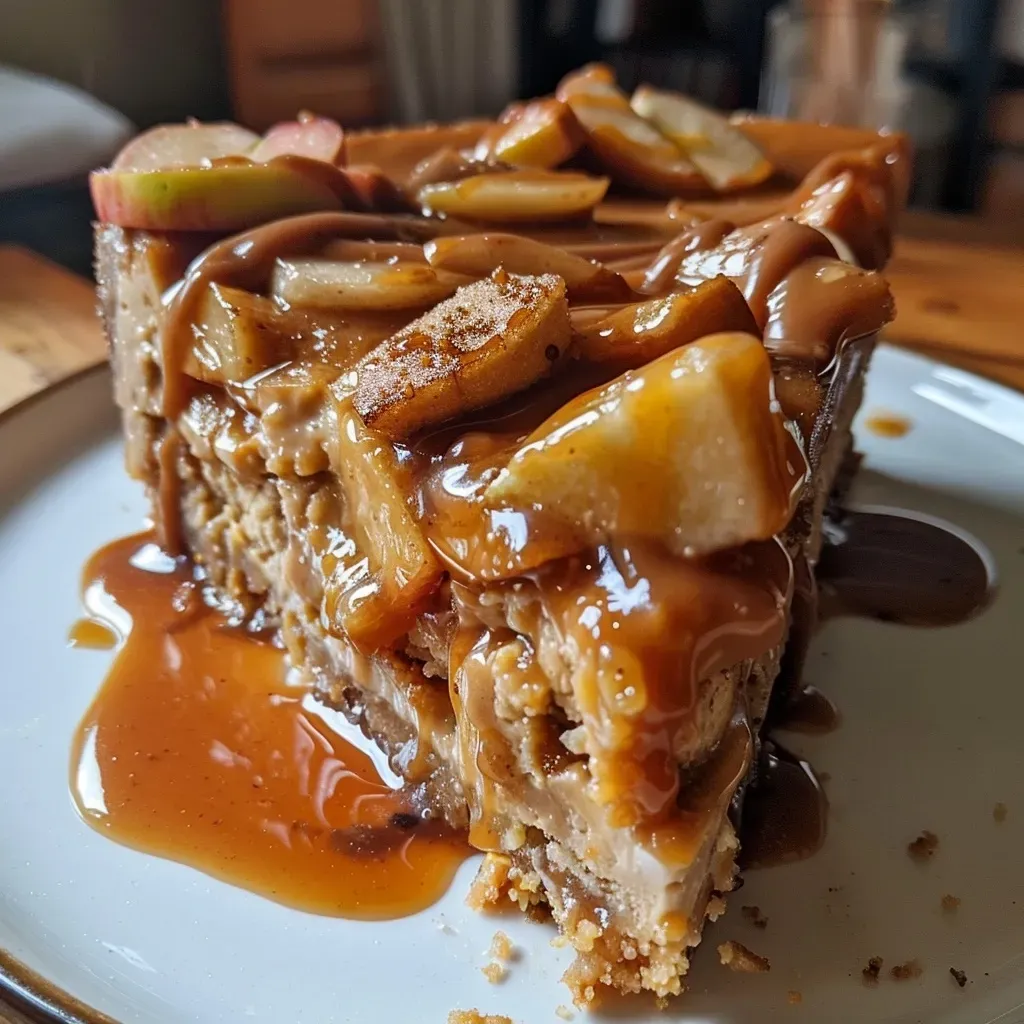 ['A slice of vegan caramel apple cheesecake garnished with caramel drizzle.', 'A side view of a delectable vegan caramel apple cheesecake on a plate, featuring apple chunks.', 'Close-up of a creamy vegan cheesecake with a glossy caramel topping and apple pieces.', 'Appetizing vegan caramel apple cheesecake, showcasing its layers and rich texture.']