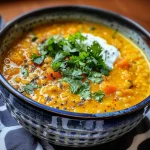 ['Close-up view of a bowl filled with vibrant vegan curried pumpkin lentil soup garnished with cilantro.', 'A side view of a creamy pumpkin lentil soup in a rustic bowl, showcasing its rich texture and warm color.', 'A delicious serving of vegan curried pumpkin lentil soup, topped with a swirl of coconut milk and fresh herbs.', 'An appetizing close-up of soup ingredients on display, highlighting pumpkin puree and lentils in a colorful bowl.']