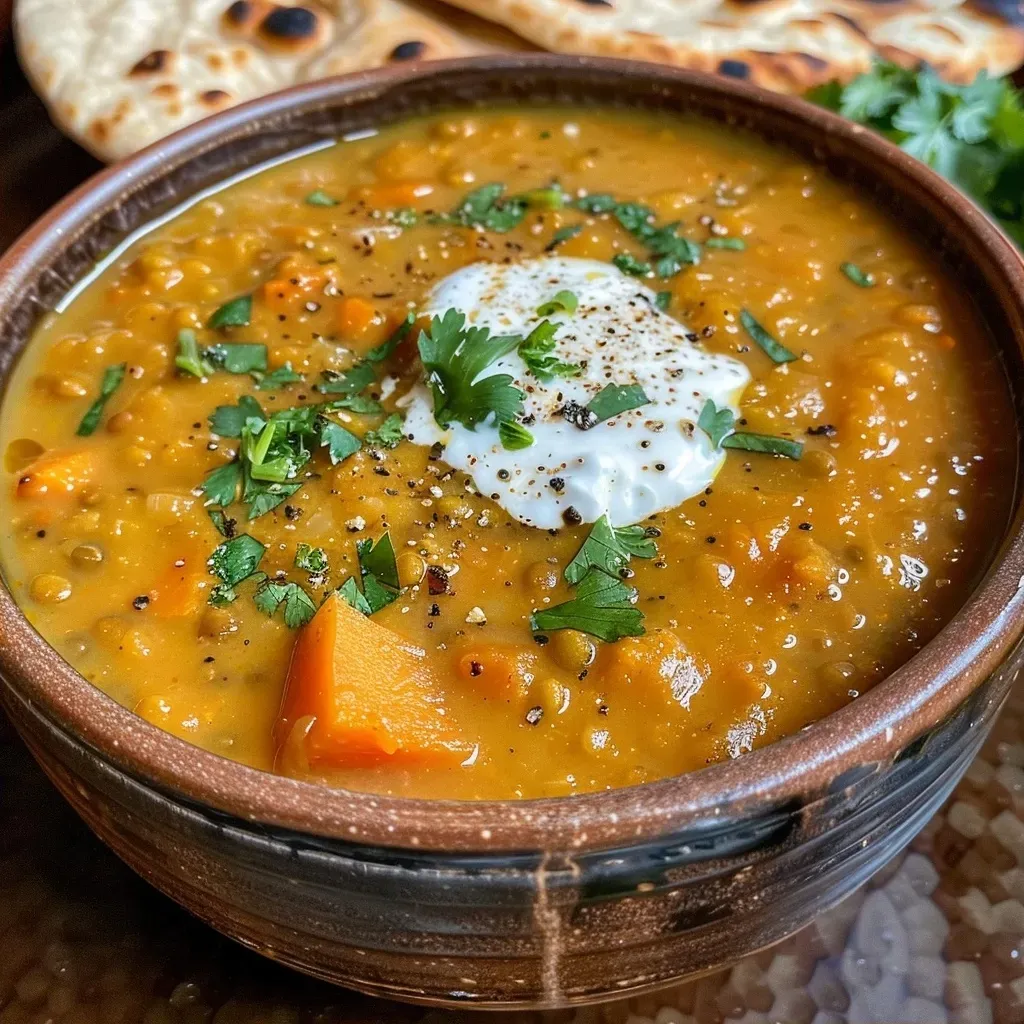 ['Close-up view of a bowl filled with vibrant vegan curried pumpkin lentil soup garnished with cilantro.', 'A side view of a creamy pumpkin lentil soup in a rustic bowl, showcasing its rich texture and warm color.', 'A delicious serving of vegan curried pumpkin lentil soup, topped with a swirl of coconut milk and fresh herbs.', 'An appetizing close-up of soup ingredients on display, highlighting pumpkin puree and lentils in a colorful bowl.']