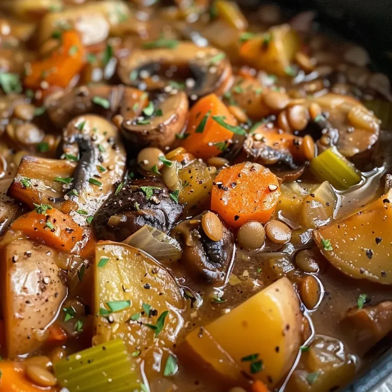 ['Close-up of a bowl filled with hearty vegan mushroom stew, showcasing mushrooms and vegetables.', 'Side view of a steaming bowl of vegan mushroom stew with vibrant colors of carrots and potatoes.', 'Detailed view of vegan mushroom stew, highlighting fresh ingredients like mushrooms and herbs.', 'A rich, appetizing bowl of vegan mushroom stew with distinct layers of vegetables and lentils.']