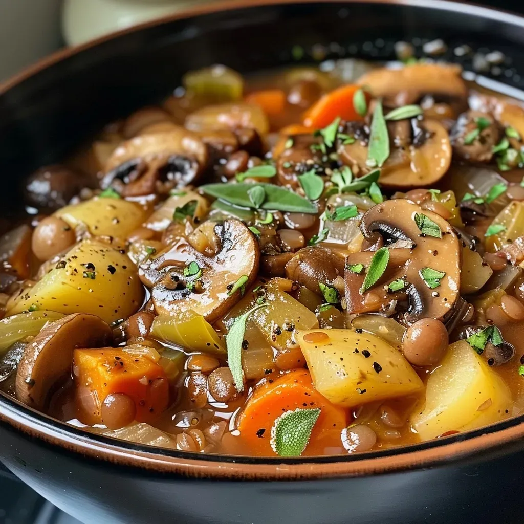 ['Close-up of a bowl filled with hearty vegan mushroom stew, showcasing mushrooms and vegetables.', 'Side view of a steaming bowl of vegan mushroom stew with vibrant colors of carrots and potatoes.', 'Detailed view of vegan mushroom stew, highlighting fresh ingredients like mushrooms and herbs.', 'A rich, appetizing bowl of vegan mushroom stew with distinct layers of vegetables and lentils.']