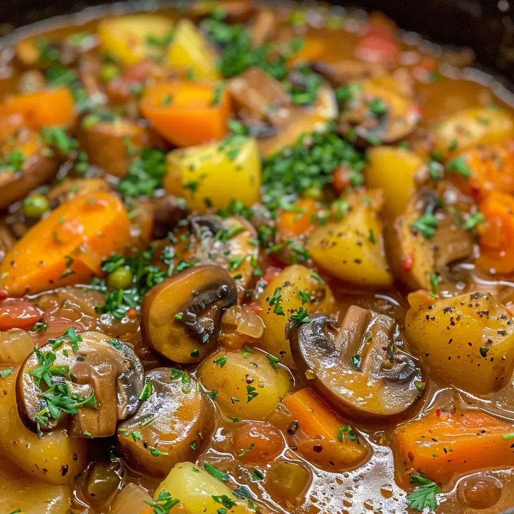 ['Close-up of a bowl filled with hearty vegan mushroom stew, showcasing mushrooms and vegetables.', 'Side view of a steaming bowl of vegan mushroom stew with vibrant colors of carrots and potatoes.', 'Detailed view of vegan mushroom stew, highlighting fresh ingredients like mushrooms and herbs.', 'A rich, appetizing bowl of vegan mushroom stew with distinct layers of vegetables and lentils.']