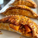 ['Close-up shot of golden-brown vegan empanadas filled with spiced butternut squash.', 'Side view of freshly baked vegan empanadas with a crispy crust and visible filling.', 'Juicy vegan empanadas arranged on a plate, showcasing their vibrant orange filling.', 'A detailed view of vegan spiced butternut squash empanadas, highlighting their texture and colors.']
