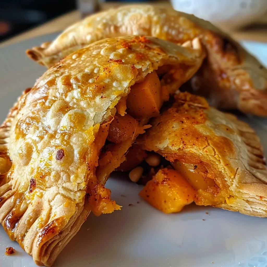 ['Close-up shot of golden-brown vegan empanadas filled with spiced butternut squash.', 'Side view of freshly baked vegan empanadas with a crispy crust and visible filling.', 'Juicy vegan empanadas arranged on a plate, showcasing their vibrant orange filling.', 'A detailed view of vegan spiced butternut squash empanadas, highlighting their texture and colors.']