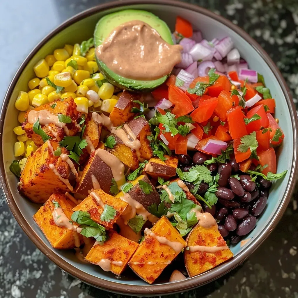 ['Close-up image of a vibrant Vegan Sweet Potato Burrito Bowl with colorful ingredients.', 'Side view of a delicious Vegan Sweet Potato Burrito Bowl filled with sweet potatoes, beans, and veggies.', 'Juicy Vegan Sweet Potato Burrito Bowl showcasing layers of rice, black beans, and fresh avocado.', 'Richly colored Vegan Sweet Potato Burrito Bowl presented with garnishes and toppings.']