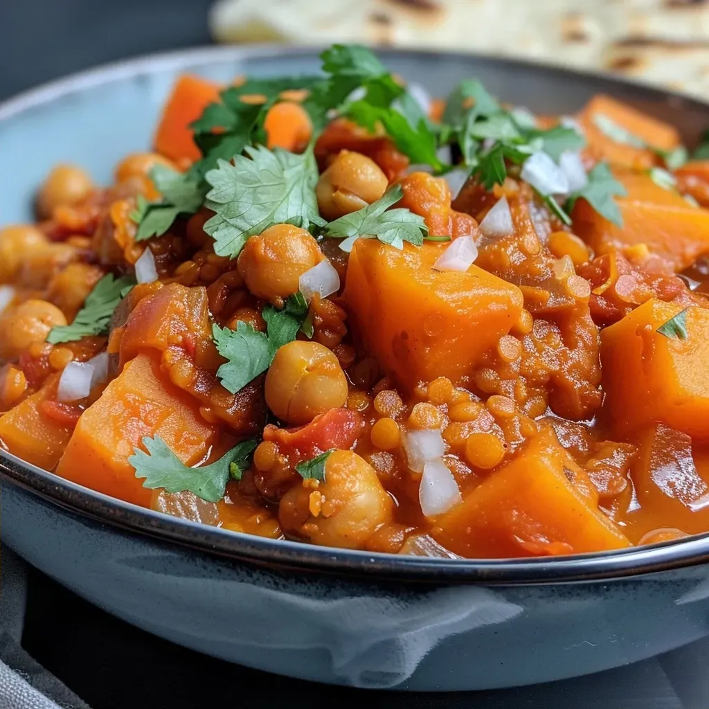 ['Close-up of a bowl of vibrant vegan sweet potato curry with chunks of sweet potato and chickpeas.', 'Side view of a steaming bowl of vegan sweet potato curry garnished with cilantro.', 'Detailed image of vegan sweet potato curry featuring diced tomatoes and lentils.', 'Richly colored vegan sweet potato curry showcasing ingredients in a rustic bowl.']