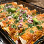 ['Close-up view of vegetarian enchiladas topped with fresh avocado and cilantro.', 'Side view of delicious vegetarian enchiladas with melted cheese and colorful vegetables.', 'Juicy vegetarian enchiladas served on a plate, showcasing layers of brown rice and black beans.', 'A vibrant plate of vegetarian enchiladas garnished with cilantro and avocado chunks.']