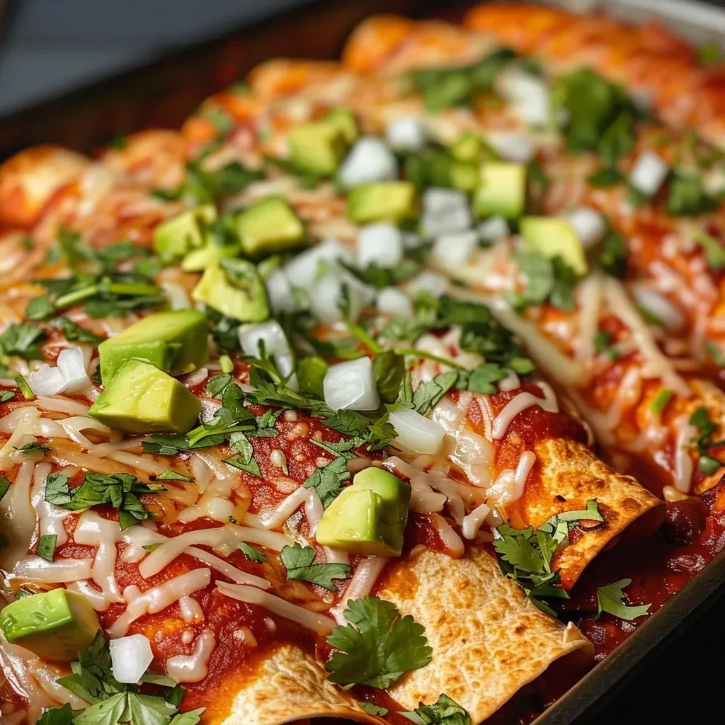 Close-up view of vegetarian enchiladas topped with fresh avocado and cilantro.