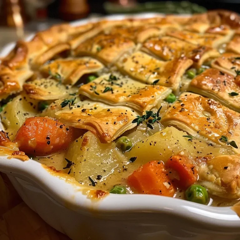 ['A close-up view of a golden-brown vegetarian pot pie with flaky crust and colorful vegetables peeking through.', 'Side view of a freshly baked vegetarian pot pie, showcasing a crispy crust and vibrant filling.', 'Detail shot of a vegetarian pot pie emphasizing the pie crust and the visible chunks of carrots, potatoes, and peas.', 'Close-up of a vegetarian pot pie with a perfectly baked crust, revealing a hearty vegetable filling.']