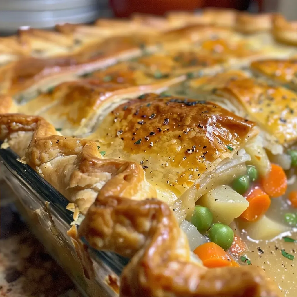 ['A close-up view of a golden-brown vegetarian pot pie with flaky crust and colorful vegetables peeking through.', 'Side view of a freshly baked vegetarian pot pie, showcasing a crispy crust and vibrant filling.', 'Detail shot of a vegetarian pot pie emphasizing the pie crust and the visible chunks of carrots, potatoes, and peas.', 'Close-up of a vegetarian pot pie with a perfectly baked crust, revealing a hearty vegetable filling.']