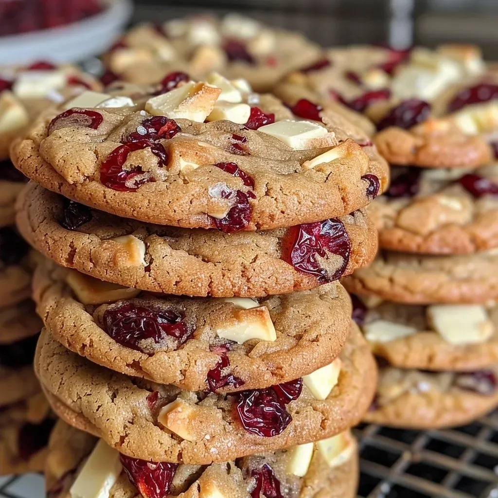 ['Close-up view of a freshly baked white chocolate cranberry cookie, showcasing its chewy texture and rich color.', 'Side view of a delicious white chocolate cranberry cookie, highlighting the white chocolate chips and cranberries.', 'Close-up shot of a white chocolate cranberry cookie with a moist interior and visible chunks of chocolate and cranberries.', 'Side profile of an enticing white chocolate cranberry cookie, displaying its golden edges and soft center.']