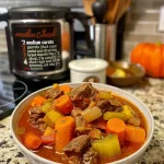 ['Close-up view of a hearty Whole30 beef stew in a bowl, showcasing colorful vegetables and tender beef.', 'Side angle of a delicious beef stew with chunks of meat, carrots, and butternut squash, served in a rustic bowl.', 'Rich, juicy beef stew with diced onions, carrots, and garnished with thyme, captured in natural light.', 'A golden and red beef stew featuring fresh vegetables, presenting a comforting meal ready to enjoy.']