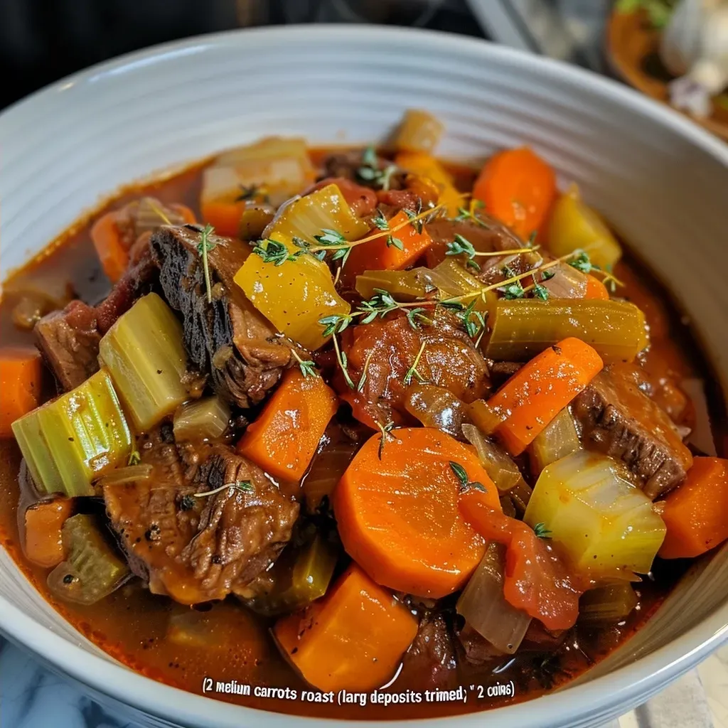 ['Close-up view of a hearty Whole30 beef stew in a bowl, showcasing colorful vegetables and tender beef.', 'Side angle of a delicious beef stew with chunks of meat, carrots, and butternut squash, served in a rustic bowl.', 'Rich, juicy beef stew with diced onions, carrots, and garnished with thyme, captured in natural light.', 'A golden and red beef stew featuring fresh vegetables, presenting a comforting meal ready to enjoy.']