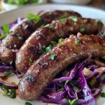 ['Close-up of golden-brown wild boar sausages next to vibrant red cabbage.', 'Juicy wild boar sausages with a side of cider-braised red cabbage and potatoes.', 'A plate featuring wild boar sausages, shredded red cabbage, and halved Charlotte potatoes.', 'Detailed view of wild boar sausages accompanied by apple-infused red cabbage.']