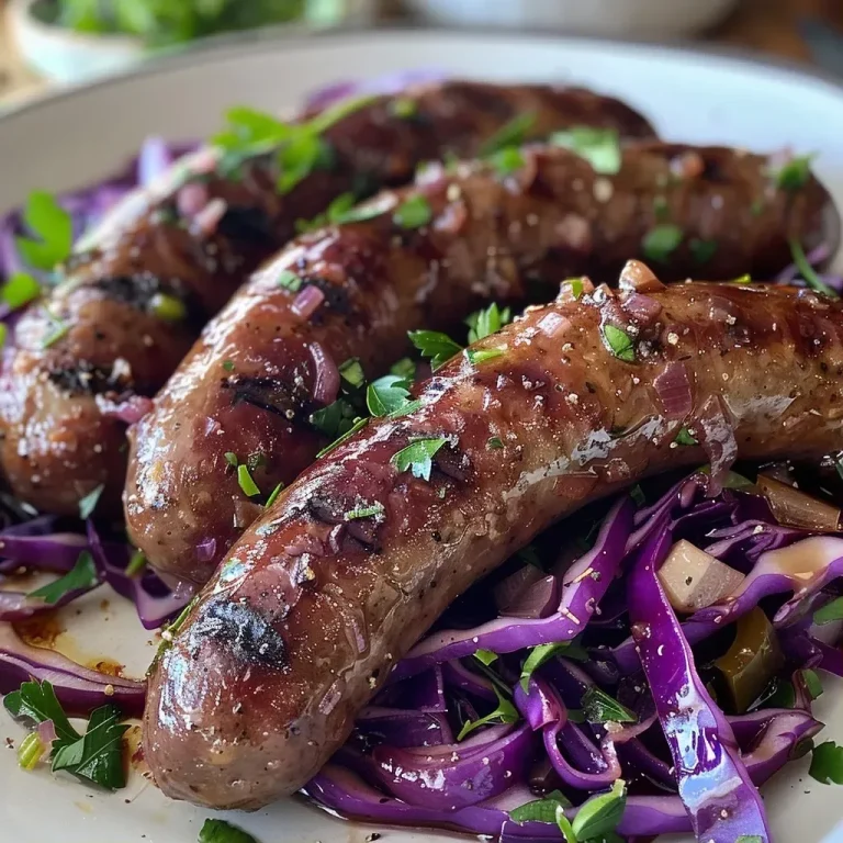 ['Close-up of golden-brown wild boar sausages next to vibrant red cabbage.', 'Juicy wild boar sausages with a side of cider-braised red cabbage and potatoes.', 'A plate featuring wild boar sausages, shredded red cabbage, and halved Charlotte potatoes.', 'Detailed view of wild boar sausages accompanied by apple-infused red cabbage.']