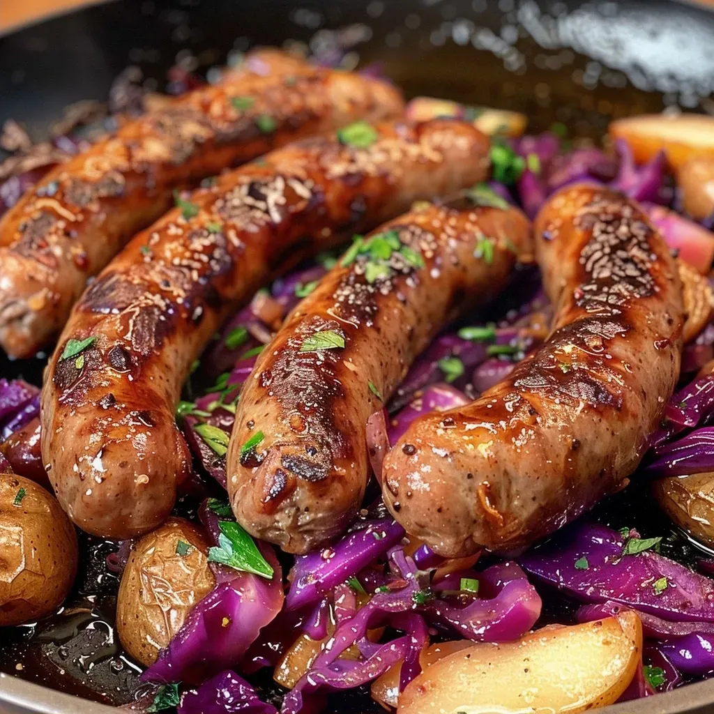['Close-up of golden-brown wild boar sausages next to vibrant red cabbage.', 'Juicy wild boar sausages with a side of cider-braised red cabbage and potatoes.', 'A plate featuring wild boar sausages, shredded red cabbage, and halved Charlotte potatoes.', 'Detailed view of wild boar sausages accompanied by apple-infused red cabbage.']
