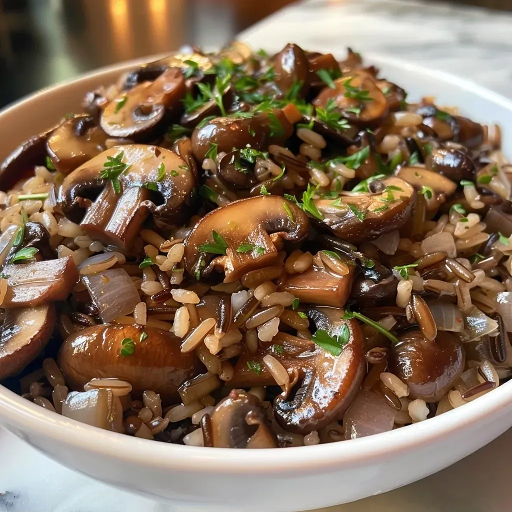 ['Close-up view of a delicious Wild Rice Mushroom Medley with visible mushrooms and rice.', 'Side perspective of a hearty Wild Rice Mushroom Medley featuring sliced mushrooms and herbs.', 'Juicy Wild Rice Mushroom Medley showing fresh ingredients like wild rice and cremini mushrooms.', 'Close-up of a colorful Wild Rice Mushroom Medley with textures of rice, mushrooms, and seasonings.']